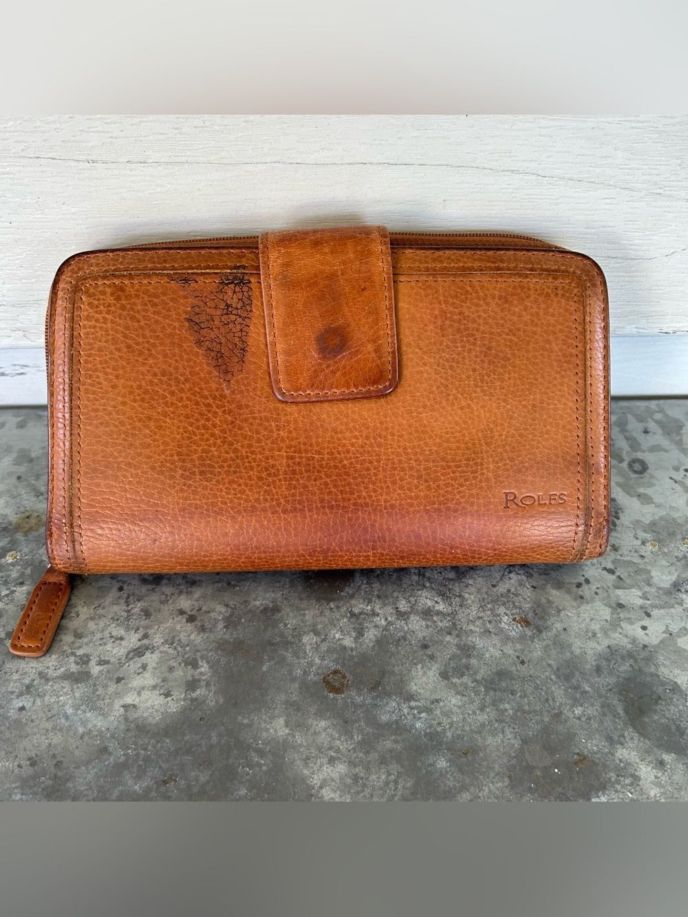 Rolfs Genuine Leather Wallet Clutch Brown Tan Pebble Womens Carbon Divider 7”x4”